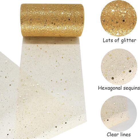 Glitter Tulle Fabric Rolls 6 Inch 50 Yards (150ft) Sparkling Ribbon Sequin Polka Dots Netting Spool for DIY Tutu Skirt Wedding Baby Shower Bow Easter Party Decoration Crafts, 21 Colors, Antique Gold in Kuwait