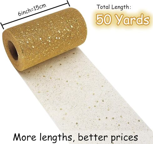 Glitter Tulle Fabric Rolls 6 Inch 50 Yards (150ft) Sparkling Ribbon Sequin Polka Dots Netting Spool for DIY Tutu Skirt Wedding Baby Shower Bow Easter Party Decoration Crafts, 21 Colors, Antique Gold in Kuwait
