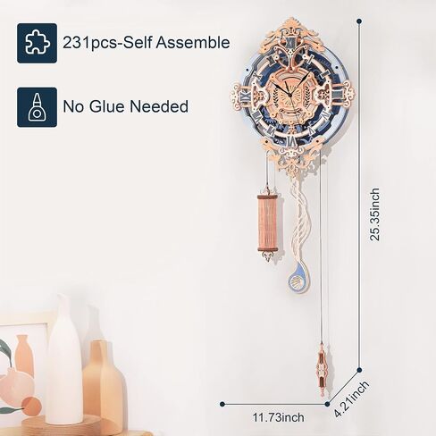 ROKR 3D Puzzles for Adults Vintage Wooden Pendulum Clock Kits 12", Mechanical Building Model Kits DIY Wall Clock Hobbies for Adults Home Decor Gifts for Teens in Saudi Arabia