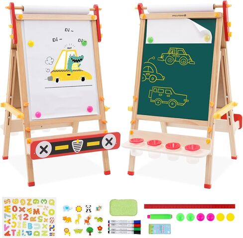 Kids Easel with Paper Roll Adjustable Double-Sided Whiteboard & Chalkboard Standing Easel for Kids Art Easel for Boys Girls in Kuwait