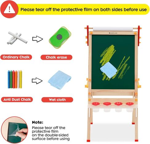 Kids Easel with Paper Roll Adjustable Double-Sided Whiteboard & Chalkboard Standing Easel for Kids Art Easel for Boys Girls in Kuwait