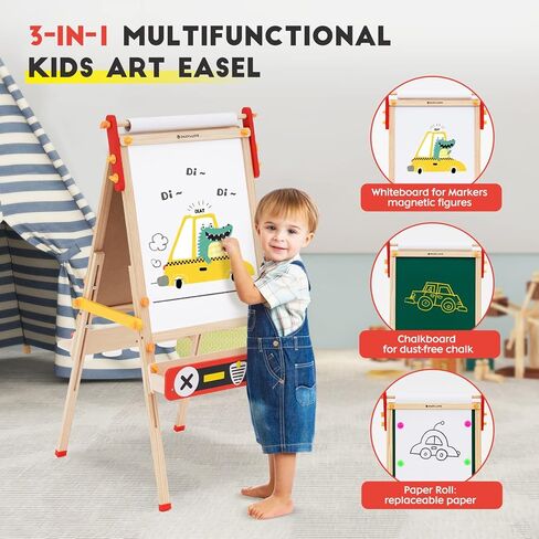 Kids Easel with Paper Roll Adjustable Double-Sided Whiteboard & Chalkboard Standing Easel for Kids Art Easel for Boys Girls in Kuwait