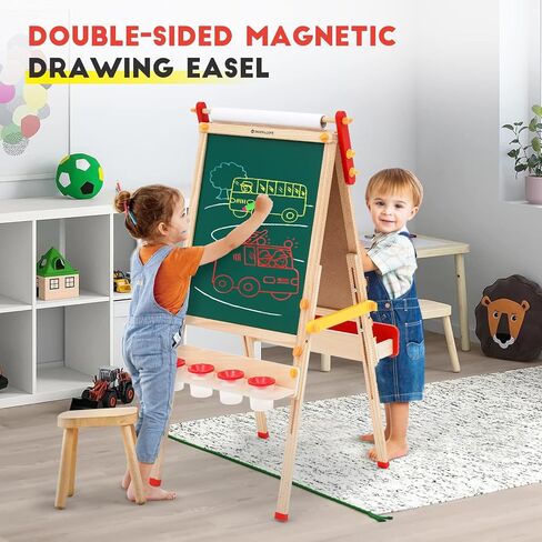 Kids Easel with Paper Roll Adjustable Double-Sided Whiteboard & Chalkboard Standing Easel for Kids Art Easel for Boys Girls in Kuwait