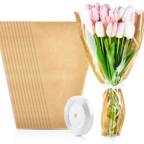 50 قطعة من أكمام الزهور للباقات، ورق تغليف الزهور من ورق الكرافت مع أشرطة، أكياس تغليف الزهور، مستلزمات ترتيب الزهور لحفلات الزفاف، وعيد الحب، وأعياد الميلاد، والعطلات in Kuwait