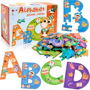 Wooden Floor Puzzles for Kids Ages 3-5,Montessori Preschool Educational Learning Alphabet Puzzle & Animal Puzzle for Preschool Toddler Boys Girls Ages 3+