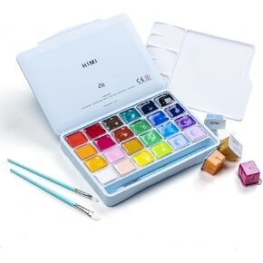 HIMI Gouache Paints set with 3 Paint Brushes, 24 Colors, 30g, Jelly Cup Design, Non Toxic Paint for Canvas and Paper, Art Supplies for Professionals (Ice Blue Case) in Kuwait