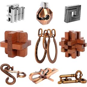 ActPo 9pcs Puzzles Bulk Gift for Kids, Teens, and Adults Retro Wooden and Metal Unlock Interlock Brain Teaser Toys.