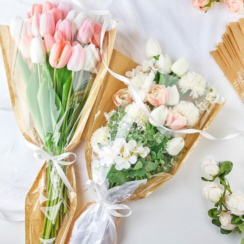 50 قطعة من أكمام الزهور للباقات، ورق تغليف الزهور من ورق الكرافت مع أشرطة، أكياس تغليف الزهور، مستلزمات ترتيب الزهور لحفلات الزفاف، وعيد الحب، وأعياد الميلاد، والعطلات in Kuwait