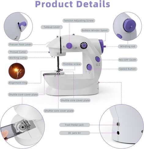 ماكينة خياطة صغيرة للمبتدئين من هيمومو، ماكينة خياطة صغيرة مع طاولة تمديد واضاءة LED، ماكينة خياطة محمولة مطورة، ماكينة خياطة بخيوط مزدوجة قابلة للتعديل بسرعتين للاطفال والكبار in Kuwait