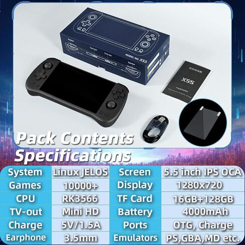 وحدة تحكم ألعاب محمولة باليد CredevZone X55 مقاس 5.5 بوصة، وحدات تحكم ألعاب فيديو محمولة باليد قابلة لإعادة الشحن RK3566 نظام تشغيل كلاسيكي محمول باليد 16 جيجابايت + 128 جيجابايت أزرق in Kuwait