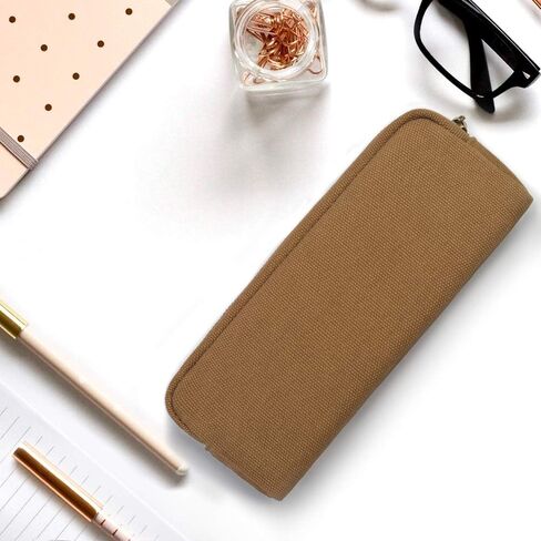 Dobmit Pencil Pen Case, Big Capacity Pencil Pouch Canvas Makeup Bag Durable Office Stationery Organizer - Beige in Kuwait