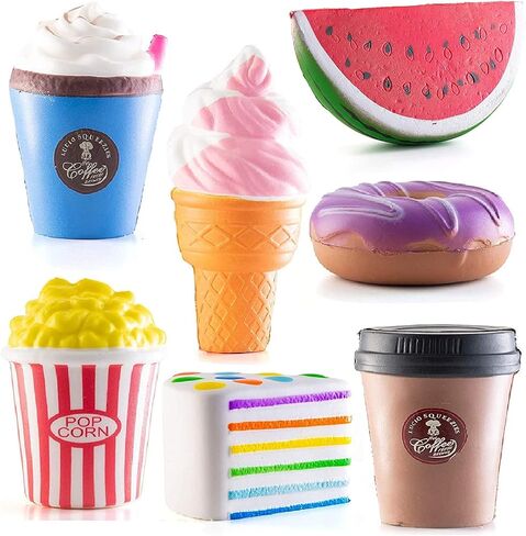 Prextex Squishy Toys | Fidget Toys for Stress Relief | Squishies | Toys for Kids | Food Squishies including Coffee, Cake, Popcorn, Ice Cream, Watermelon and Donut | Christmas Gift & Stocking Stuffer in Saudi Arabia