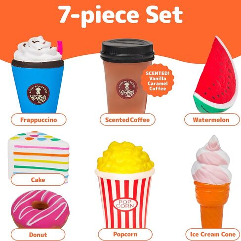 Prextex Squishy Toys | Fidget Toys for Stress Relief | Squishies | Toys for Kids | Food Squishies including Coffee, Cake, Popcorn, Ice Cream, Watermelon and Donut | Christmas Gift & Stocking Stuffer in Saudi Arabia