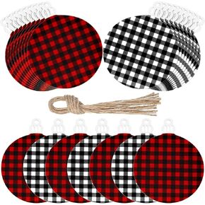 Jetec 96 Pieces Wooden Christmas Ornament 48 Pieces Predrilled Wood Slices 48 Pieces Twine Round Wooden Discs with Holes Unfinished Buffalo Plaid Blank for DIY Tree Decoration (Black-Red)