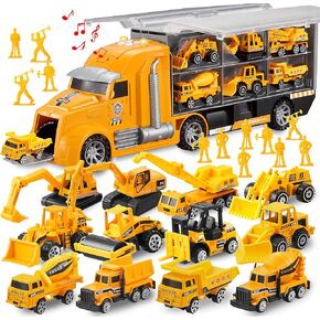 JOYIN 25 in 1 Construction Truck Vehicle Toy Set, Play Vehicles Set with Sounds and Lights in Carrier Truck, Push and Go Vehicle Car Toy, Kids Birthday Gifts for Over 3 Years Old Boys