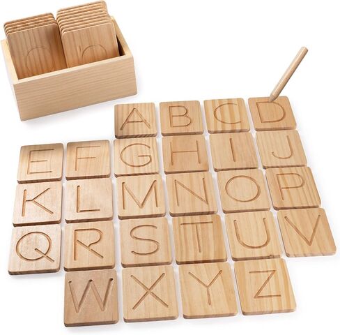 بطاقات تتبع الحروف الأبجدية الخشبية من ريفيت - حروف كبيرة وصغيرة الحروف الأبجدية الإنجليزية في مرحلة ما قبل المدرسة - تعلم الكتابة (تتضمن 26 بطاقة) in Kuwait