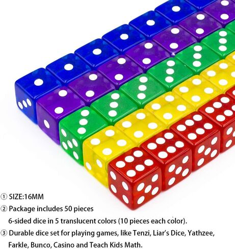 50-Pack 16MM Translucent & Solid 6-Sided Game Dice 5 Sets of Vintage Colors Dice for Board Games and Teaching Math Dice Set Classroom Accessories dice Set RPG dice in Kuwait