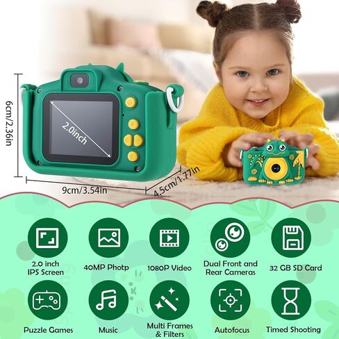 كاميرا أطفال للأطفال الصغار البنات والأولاد الذين تتراوح أعمارهم بين 3 سنوات فما فوق، كاميرا Laelr Dinosaur Kids Selfie 1080P HD كاميرات فيديو رقمية للأطفال الصغار مع بطاقة SD سعة 32 جيجابايت وشاشة IPS 2.0 بوصة وكاميرا أطفال لعيد الميلاد وهدية عيد الميلاد in Kuwait