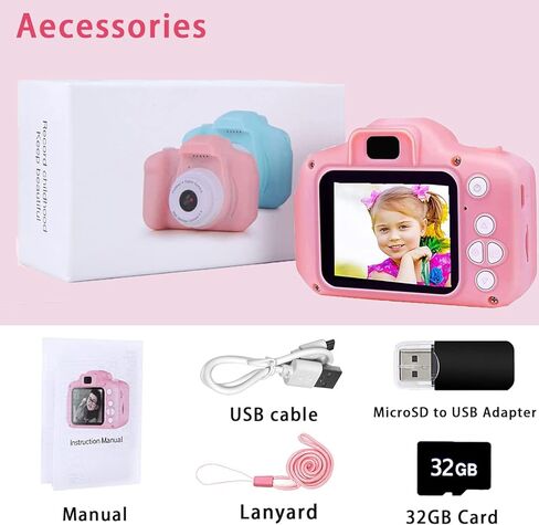 كاميرا بلوتي للأطفال مع بطاقة TF بسعة 32 جيجابايت، كاميرا فيديو رقمية مطورة للأولاد والبنات بعمر 3 سنوات فما فوق، كاميرا رقمية للأطفال، تأثيرات تصوير متعددة، هدايا مثالية لأعياد الميلاد والكريسماس ورأس السنة الجديدة in Kuwait