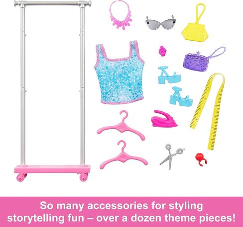 Barbie On-set Stylist Doll & 14 Accessories, Blonde Malibu Fashion Doll with Cart, Smock, Makeup Palette, Puppy & More, 3 years old and up, includes Toy in Saudi Arabia