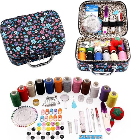 صندوق طقم خياطة محمول من 140 قطعة، مجموعة عدة خياطة فاخرة للبالغين وطلاب الجامعات والمبتدئين والطوارئ وإكسسوارات لوازم الحرف اليدوية والحياكة مع صندوق تخزين in Kuwait