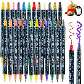 shirylzee 12 Colors Acrylic Paint Pens,Dual Tip Acrylic Paint Markers with Brush Tip and Fine Tip Paint Pens for Wood, Canvas, Stone, Rock Painting, Ceramic Surfaces, DIY Crafts Making Art Supplies