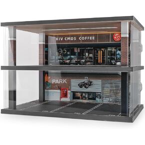 1:24 Scale Car Model Display Case with Parking Lot Scene for Car Model Toys and Lego, Display Stand for Alloy Car Model Toys with Light and Dust Cover (Fast Food Shop Parking Lot)