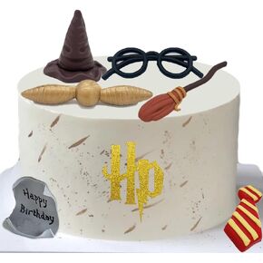 7 قطع زينة كعكة بطابع الساحر مصنوعة يدويا لحفلات اعياد الميلاد، نظارات وربطة عنق، عصا مع حروف ذهبية H&P لتزيين الكيك بنفسك in Kuwait