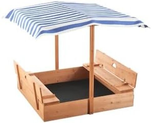 صندوق رمل خشبي مع مظلة للاطفال من عمر 3-8 سنوات من جولاسون، صندوق رمل مع غطاء سقف قابل للسحب لحديقة الفناء الخلفي، حفرة رمل مع مقعدين قابلين للطي للفناء الخارجي، ازرق in Kuwait