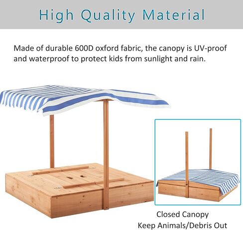 صندوق رمل خشبي مع مظلة للاطفال من عمر 3-8 سنوات من جولاسون، صندوق رمل مع غطاء سقف قابل للسحب لحديقة الفناء الخلفي، حفرة رمل مع مقعدين قابلين للطي للفناء الخارجي، ازرق in Kuwait