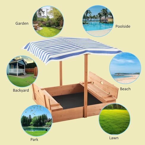 صندوق رمل خشبي مع مظلة للاطفال من عمر 3-8 سنوات من جولاسون، صندوق رمل مع غطاء سقف قابل للسحب لحديقة الفناء الخلفي، حفرة رمل مع مقعدين قابلين للطي للفناء الخارجي، ازرق in Kuwait