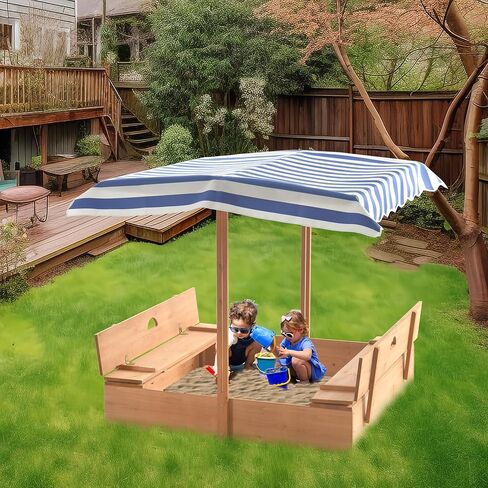 صندوق رمل خشبي مع مظلة للاطفال من عمر 3-8 سنوات من جولاسون، صندوق رمل مع غطاء سقف قابل للسحب لحديقة الفناء الخلفي، حفرة رمل مع مقعدين قابلين للطي للفناء الخارجي، ازرق in Kuwait