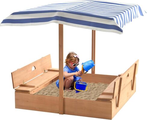 صندوق رمل خشبي مع مظلة للاطفال من عمر 3-8 سنوات من جولاسون، صندوق رمل مع غطاء سقف قابل للسحب لحديقة الفناء الخلفي، حفرة رمل مع مقعدين قابلين للطي للفناء الخارجي، ازرق in Kuwait