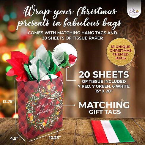 Bulk Christmas Gift Bags Large -18 Creative Elegant Designs- Large Christmas Bags for Gifts with Christmas Tissue Paper Gift Wrap-Holiday Gift Bags Bulk -Large Xmas Gift Bags-12.75"X10.25"X4.5" inches in Kuwait