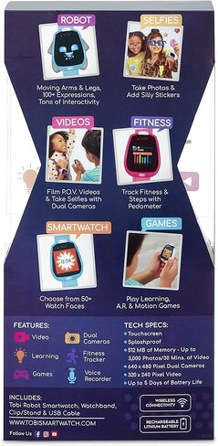 ساعة ليتل تايكس توبي روبوت الذكية - باللون الأزرق بأذرع وأرجل متحركة، وتعبيرات ممتعة، وتأثيرات صوتية، وألعاب اللعب، وتتبع اللياقة البدنية والخطوات، وكاميرات مدمجة للصور والفيديو 512 ميجابايت | الأطفال بعمر 4 سنوات فما فوق in Kuwait