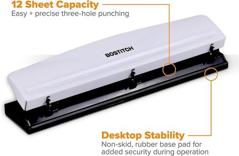 Bostitch Office 3 Hole Punch, Durable Metal,Rubber Base, 12 Sheets, Black in Saudi Arabia