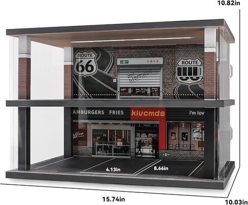 kivcmds 1:24 مقياس عرض نموذج السيارة مع مشهد موقف السيارات لألعاب نماذج السيارات وليغو، حامل عرض لألعاب نماذج السيارات المصنوعة من السبائك مع غطاء الضوء والغبار (موقف سيارات بار القهوة) in Kuwait