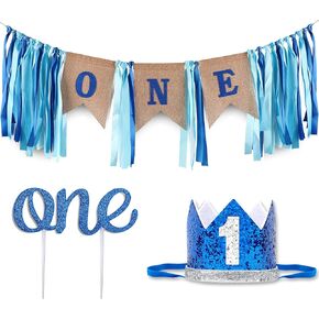 Baby 1st Birthday Boy Decorations with Crown - Baby Boy First Birthday Decorations High Chair Banner - Cake Smash Party Supplies - Happy Birthday ONE Burlap Banner, No.1 Silver and Blue Crown in Kuwait