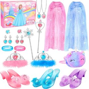 Fedio Princess Dress Up Shoes set Little Girls Role Play Shoes Pretend Princess Gift set Toy set with 3 Pairs of Play Shoes, 2 Princess Cape,2 Crown Tiaras, Unicorn Purse and Princess Accessories Jewelries for Girls Aged 3,4,5,6 Birthday Christmas