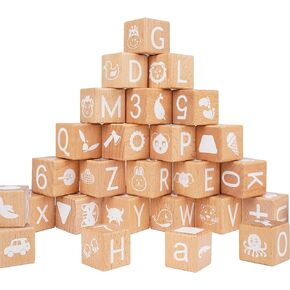 AXEARTE Alphabet Letters Stacking Blocks, 26 Wooden ABC Building Blocks for Toddlers, Number, Animals Icons on Every Side, Preschool Learning Educational Toys Montessori Sensory Toys for Kids