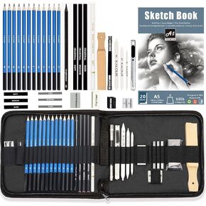 Kalour Sketching Pencil Set(34 Pack) - Includes Sketchbook - Zippered Travel Case - Sketch Pencil,Charcoal Pencil,Blending Paper,Eraser - Art Drawing Supplies for Beginner, Kids,Adults