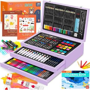 iBayam Art Supplies، مجموعة فنية فاخرة مع 2 لوحة رسم A4، 1 كتاب تلوين، 24 طلاء أكريليك، قماش، أقلام تلوين، أقلام ملونة، صندوق هدايا إبداعي للمبتدئين الفنانين البالغين (أزرق معكرون)