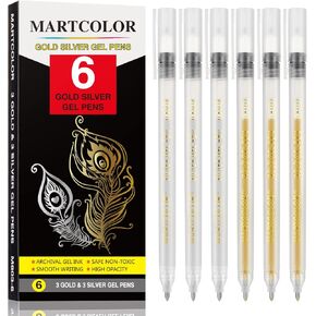 مارتكلر مجموعة اقلام جل معدنية ذهبية وفضية لامعة 0.8 ملم، اقلام حبر جل ارشيفية للفنانين، للرسم الورقي الاسود والرسم والتوضيح، عبوة من 6 قطع in Kuwait