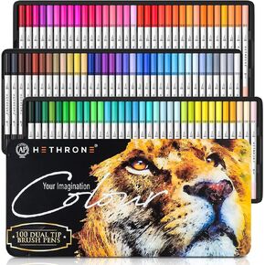 Hethrone Markers for Adult Coloring - 100 Colors Dual Tip Brush Pens Art Markers Set, Fine Tip Markers for Calligraphy Painting Drawing Lettering (100 Colors Black Lion)