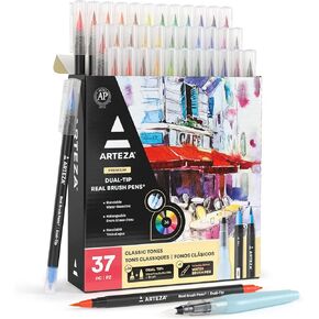 ARTEZA Watercolor Pens, 36 Dual-Tip Markers with Flexible Nylon Brush Tips, Classic Tones, Double Sided Markers with Water Brush
