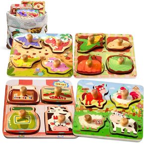 Zeoddler Wooden Puzzles for Toddlers, 4 Pcs Peg Puzzles for Kids 2-4, Preschool Learning Puzzles for 2 3 Years Old, Montessori Puzzle for Boys, Girls
