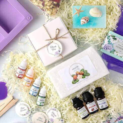 Aoibrloy Soap Kits Making for Adults Beginner with Instructions, Natural Soap Making Kit with 1.1 lbs. Shea Butter Soap Base, 3 Silicone Soap Mold, Dried Flowers, 4 Essential Oil, 4 Colors, 15 Labels in Kuwait