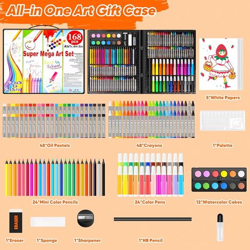 Rocamdo Kids Art Supplies Drawing Kit, 168-Pack Art Set Drawing Sets Coloring Art Kits, Arts and Crafts for Kids Ages 6-8 9-12, Art Supplies for Girls Ages 8-12, Creative Gift Art Box for Kids Adults in Kuwait