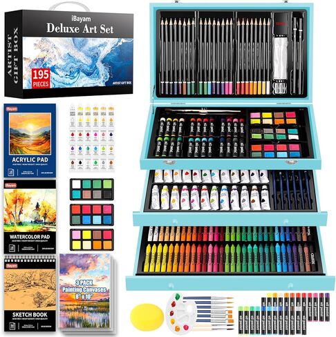 iBayam Art Supplies، مجموعة فنية فاخرة مع 2 لوحة رسم A4، 1 كتاب تلوين، 24 طلاء أكريليك، قماش، أقلام تلوين، أقلام ملونة، صندوق هدايا إبداعي للمبتدئين الفنانين البالغين (أزرق معكرون) in Kuwait