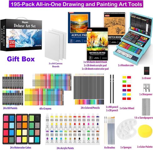 iBayam Art Supplies، مجموعة فنية فاخرة مع 2 لوحة رسم A4، 1 كتاب تلوين، 24 طلاء أكريليك، قماش، أقلام تلوين، أقلام ملونة، صندوق هدايا إبداعي للمبتدئين الفنانين البالغين (أزرق معكرون) in Kuwait